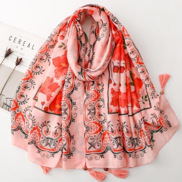 Retro Ethnic Style Floral Geometric Print Tassel Scarf with Wooden Beads