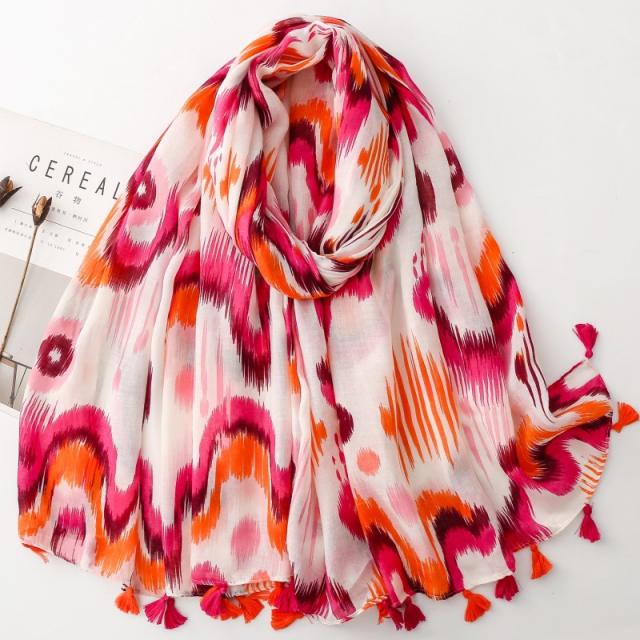 Bohemian Sunset Orange Printed Tassel Scarf