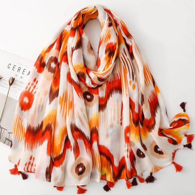 Bohemian Sunset Orange Printed Tassel Scarf