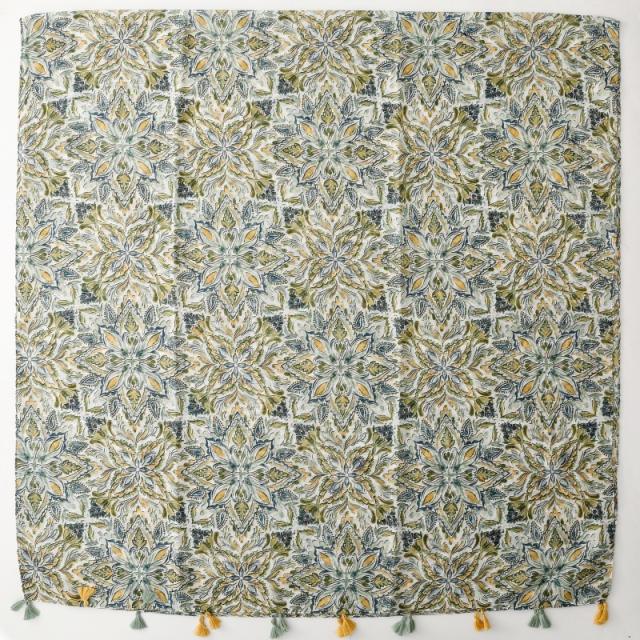 Green Five-Pointed Flower Tassel Printed Scarf