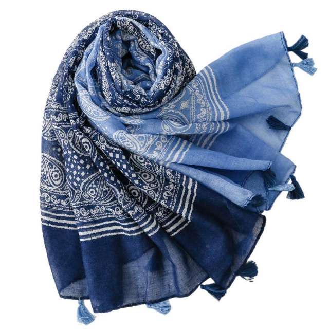 Blue and White Gradient Paisley Tassel Printed Scarf