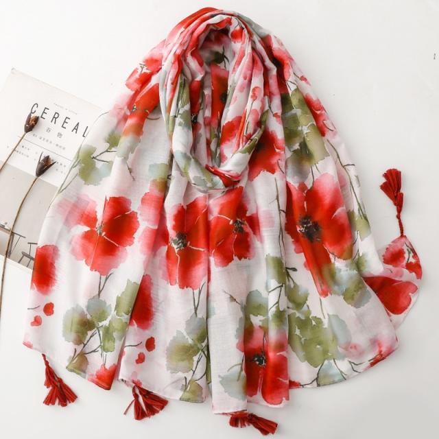Ethnic Style Floral Print Scarf Soft Tassel Holiday Shawl for All Seasons