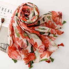 New Foreign Trade Watercolor Floral Print Tassel Scarf