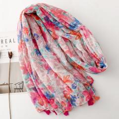 Elegant Socialite Watercolor Pink Floral Print Tassel Scarf
