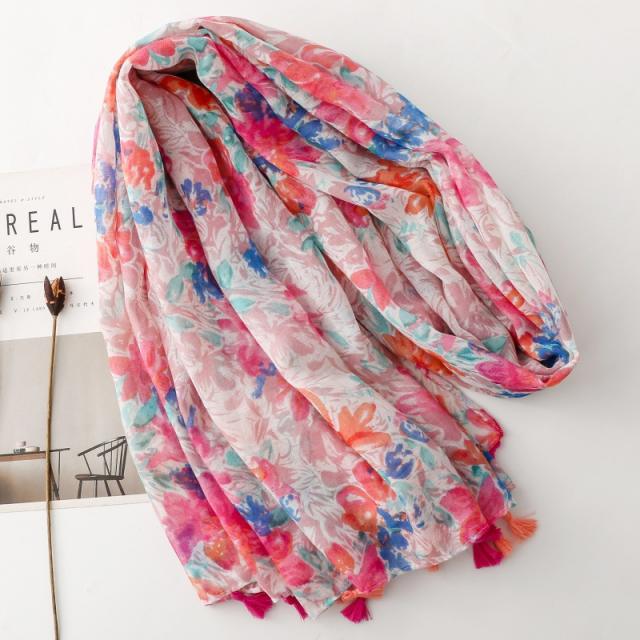 Elegant Socialite Watercolor Pink Floral Print Tassel Scarf