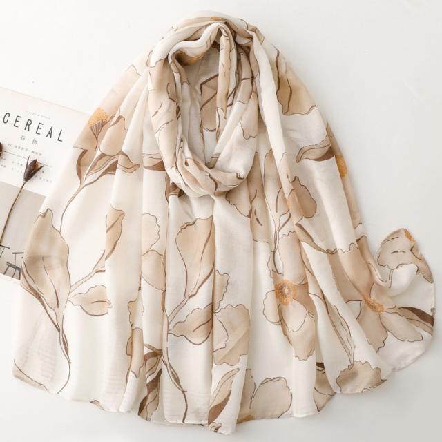 French Satin Patterned Pear Flower Printed Scarf