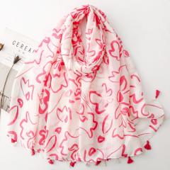 French-Style Black and White Floral Line Print Tassel Scarf