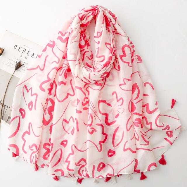 French-Style Black and White Floral Line Print Tassel Scarf