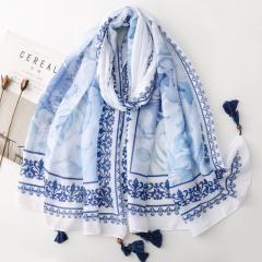 Retro Ethnic Style Floral Geometric Print Tassel Scarf with Wooden Beads