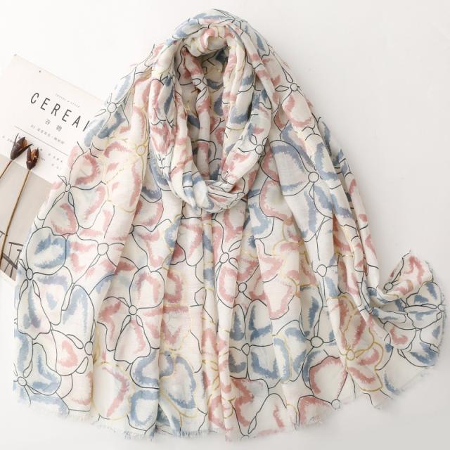 French-Style Gold Stamping Floral Print Scarf Cotton-Linen Feel Large Size Scarf