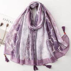 Retro Ethnic Style Floral Geometric Print Tassel Scarf with Wooden Beads