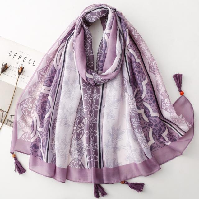 Retro Ethnic Style Floral Geometric Print Tassel Scarf with Wooden Beads