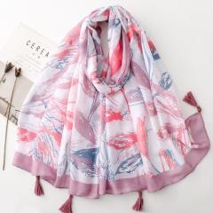Retro Ethnic Style Floral Geometric Print Tassel Scarf with Wooden Beads