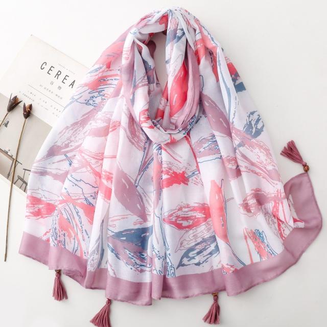 Retro Ethnic Style Floral Geometric Print Tassel Scarf with Wooden Beads