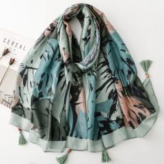 Retro Ethnic Style Floral Geometric Print Tassel Scarf with Wooden Beads