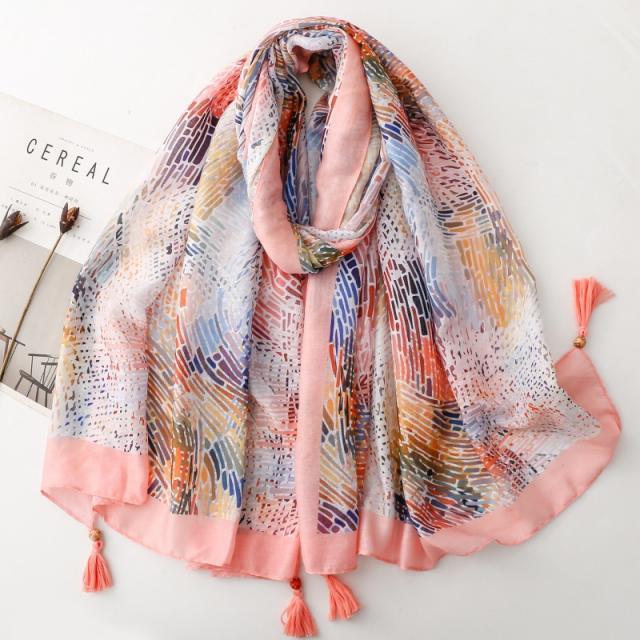 Retro Ethnic Style Floral Geometric Print Tassel Scarf with Wooden Beads