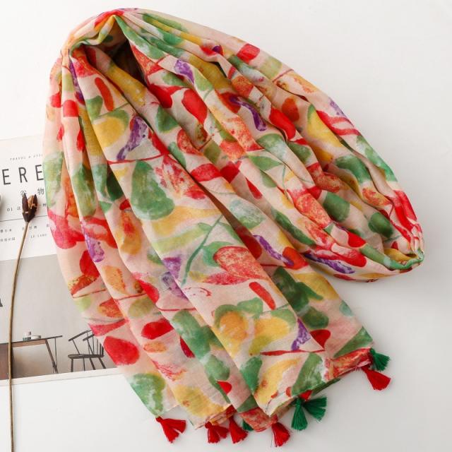 Summer Watercolor Fruit Print Tassel Scarf Shawl for Energetic Girls