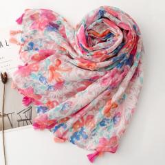 Elegant Socialite Watercolor Pink Floral Print Tassel Scarf