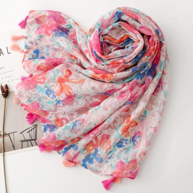 Elegant Socialite Watercolor Pink Floral Print Tassel Scarf