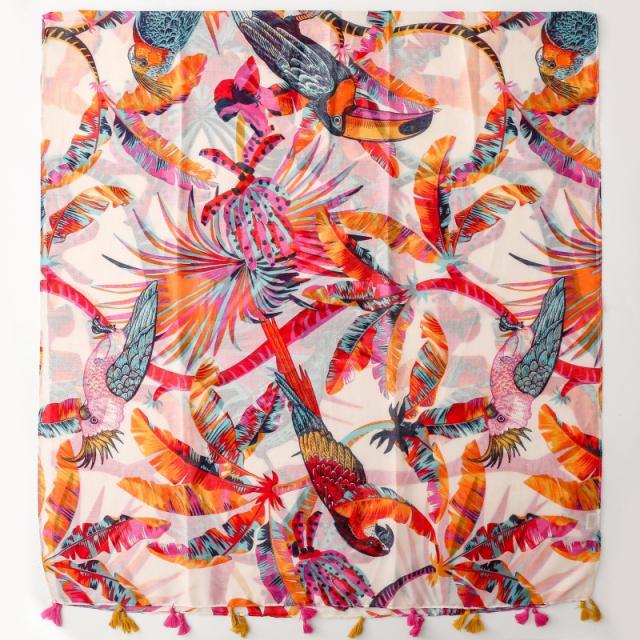 Colorful Parrot and Toucan Print Tassel Scarf