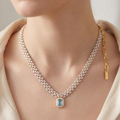 Summer fresh light green copper chain square cubic zircon pendant necklace
