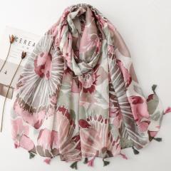 French-Style Watercolor Floral Tassel Scarf Contrasting Floral Prints Vacation-Style Sun Protection Shawl