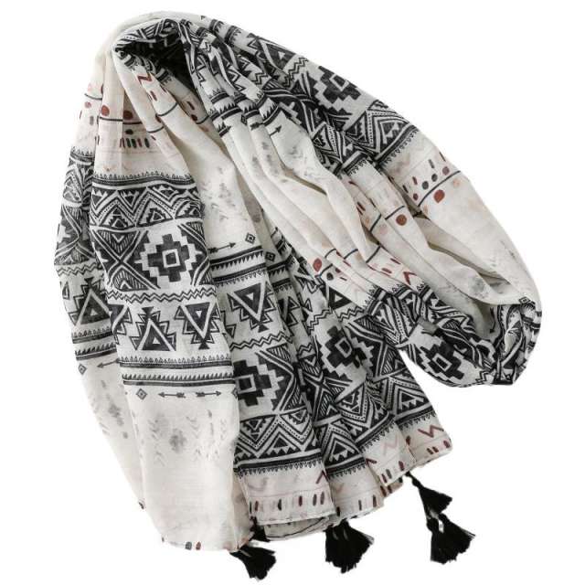 Retro Black White Geometric Totem Print Scarf Bohemian Style Vacation Shawl