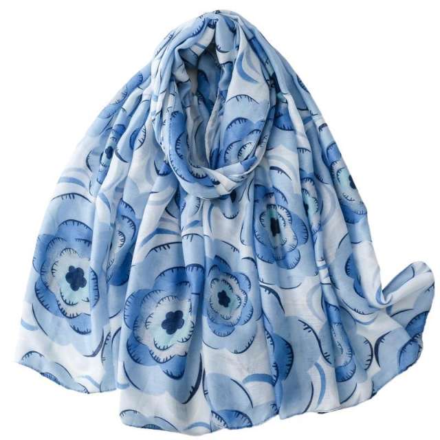 French Satin Patterned Scarf with Clematis Print Cotton and Linen Large Size Scarf