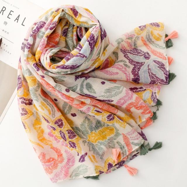 Gentle Colorful Floral Print Tassel Scarf Spring and Summer Sun Protection Travel Shawl