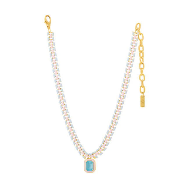 Summer fresh light green copper chain square cubic zircon pendant necklace