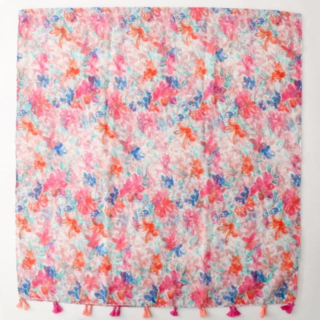 Elegant Socialite Watercolor Pink Floral Print Tassel Scarf