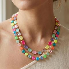 Colorful square glass crystal two layer women necklace