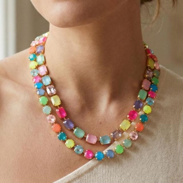 Colorful square glass crystal two layer women necklace