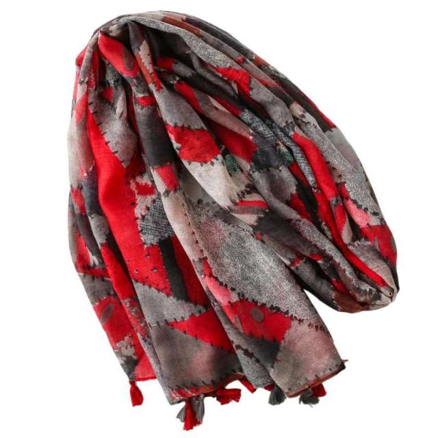 Red and Gray Geometric Print Scarf Red-Toned Lazy Style Contrasting Color Scarf