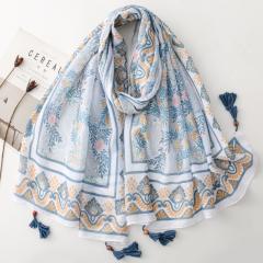 Retro Ethnic Style Floral Geometric Print Tassel Scarf with Wooden Beads