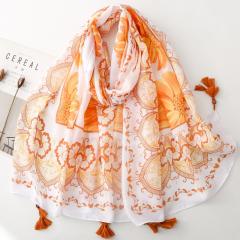 Retro Ethnic Style Floral Geometric Print Tassel Scarf with Wooden Beads