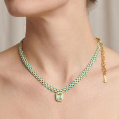 Summer fresh light green copper chain square cubic zircon pendant necklace