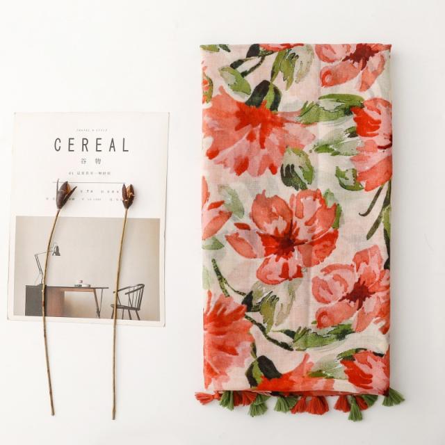New Foreign Trade Watercolor Floral Print Tassel Scarf