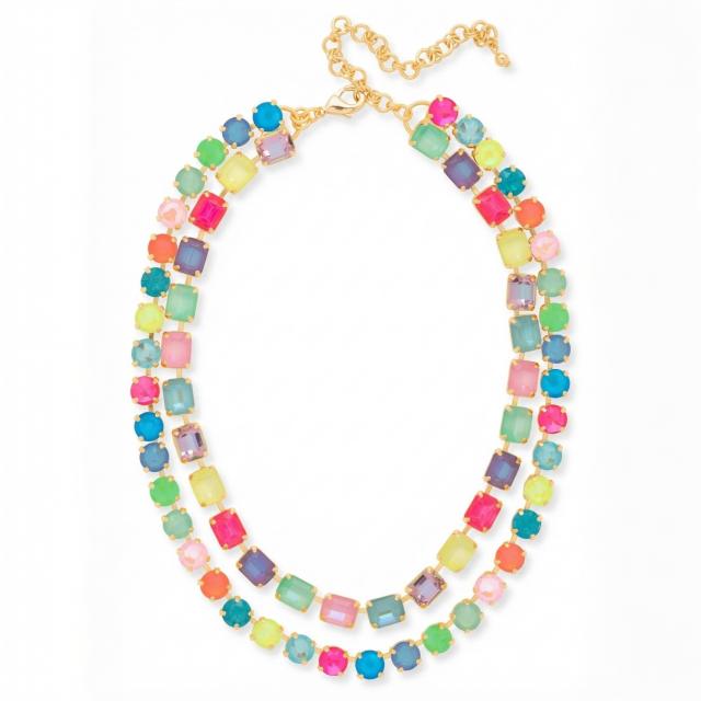 Colorful square glass crystal two layer women necklace