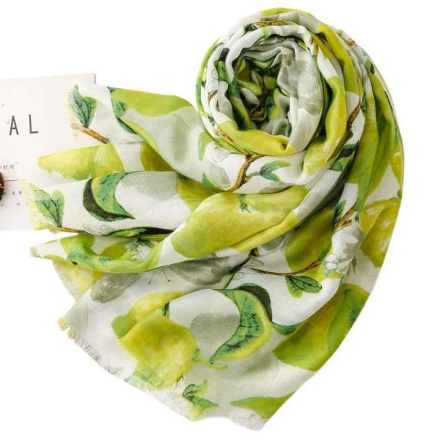 French-Style Lemon Butterfly Print Silk Scarf Cotton-Linen Feel Large Size Scarf
