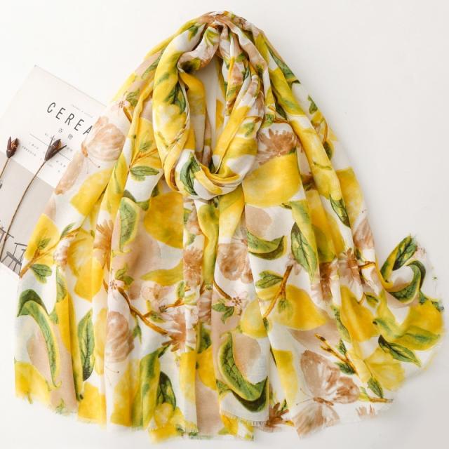 French-Style Lemon Butterfly Print Silk Scarf Cotton-Linen Feel Large Size Scarf