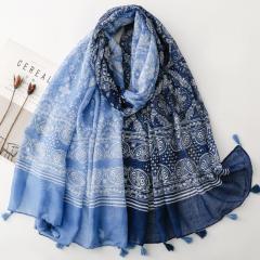Blue and White Gradient Paisley Tassel Printed Scarf