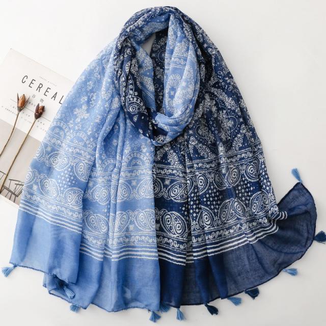Blue and White Gradient Paisley Tassel Printed Scarf