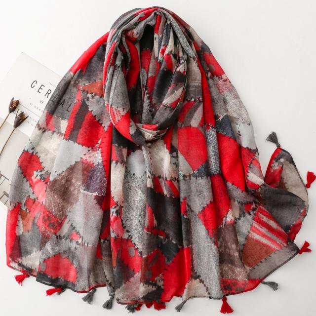 Red and Gray Geometric Print Scarf Red-Toned Lazy Style Contrasting Color Scarf