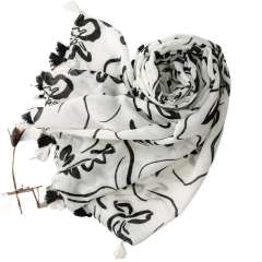 French-Style Black and White Floral Line Print Tassel Scarf