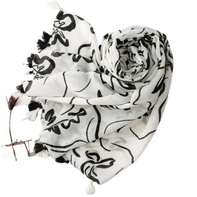 French-Style Black and White Floral Line Print Tassel Scarf
