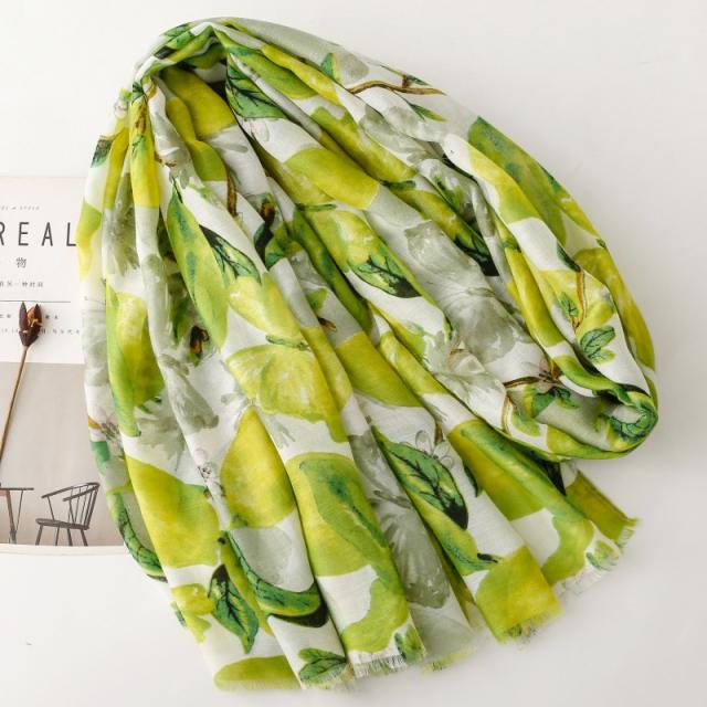 French-Style Lemon Butterfly Print Silk Scarf Cotton-Linen Feel Large Size Scarf