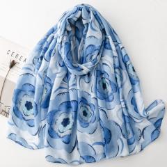 French Satin Patterned Scarf with Clematis Print Cotton and Linen Large Size Scarf