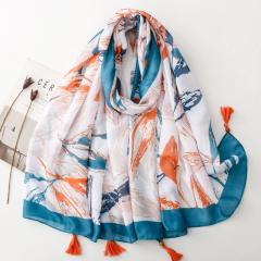 Retro Ethnic Style Floral Geometric Print Tassel Scarf with Wooden Beads