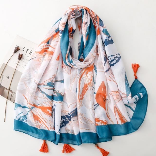 Retro Ethnic Style Floral Geometric Print Tassel Scarf with Wooden Beads